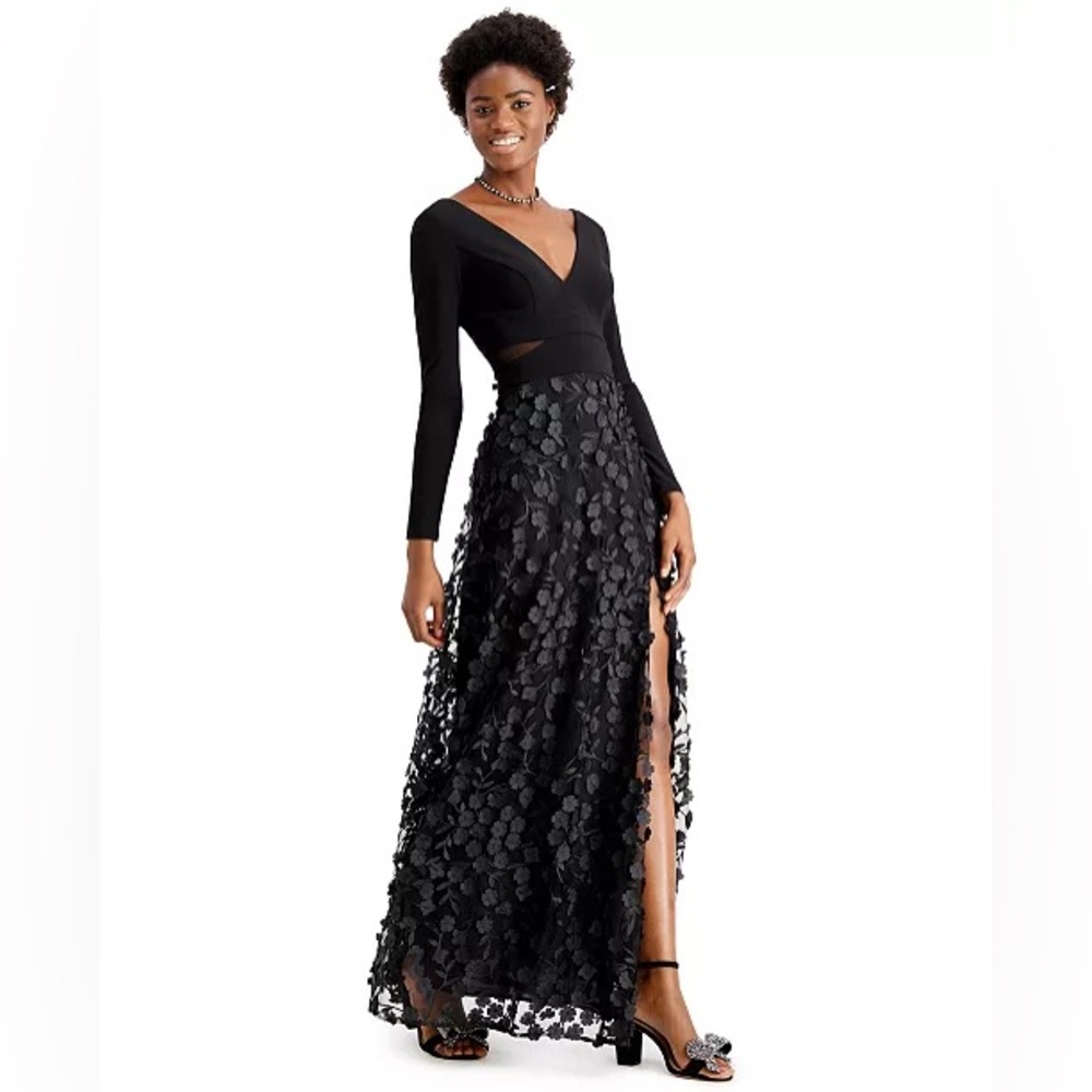 Xscape long sleeve black gown with floral appliqué